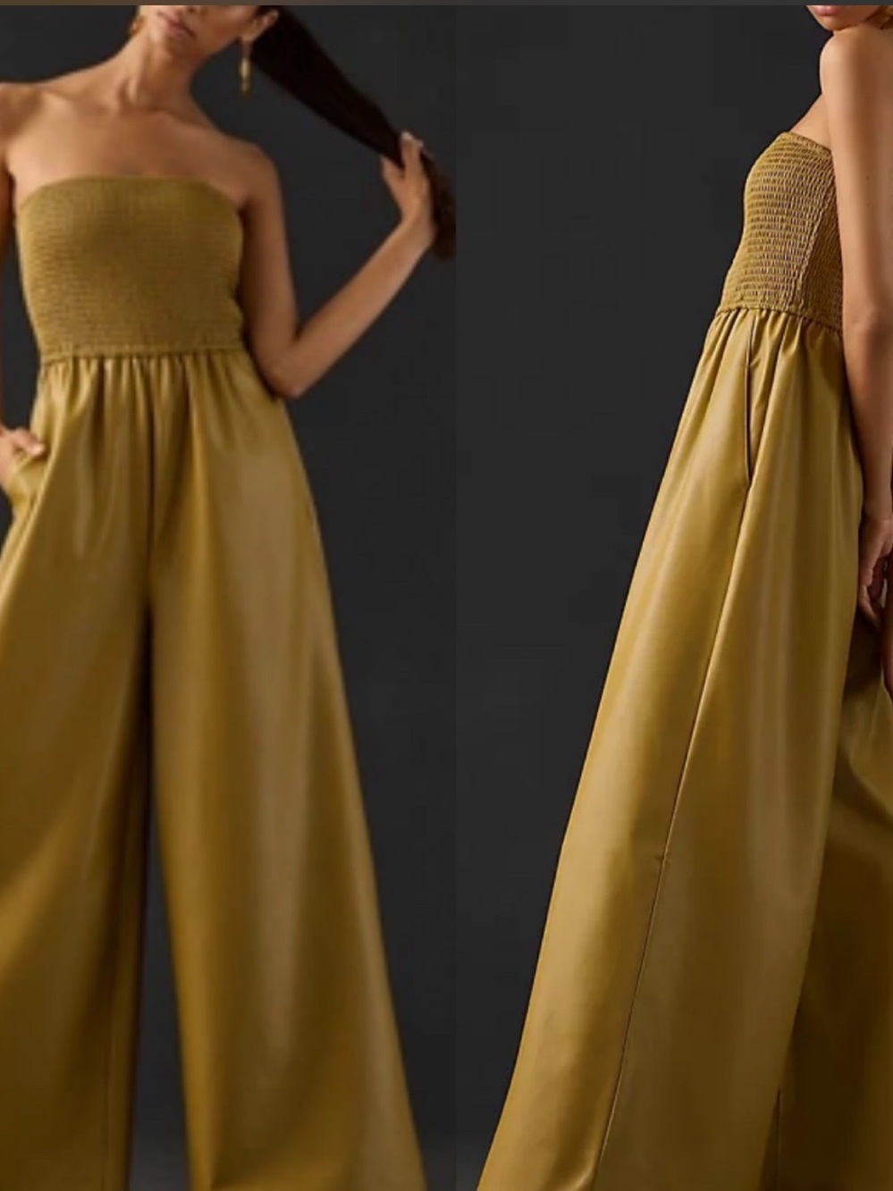 Anthropologie Pilcro Faux Leather Smocked Wide-Leg Jumpsuit